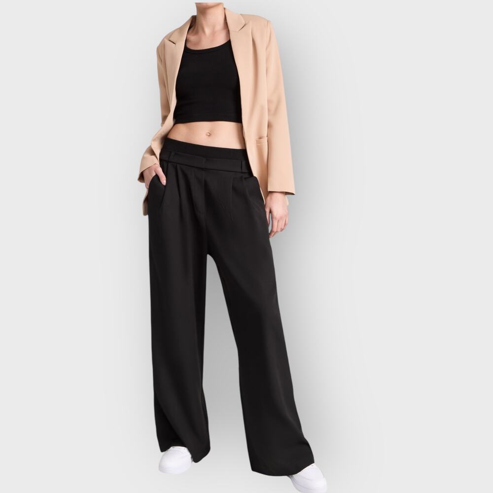 Lioness Schiffer Wide Leg Pants L Black Pleated Ribbed Knit 30" Inseam